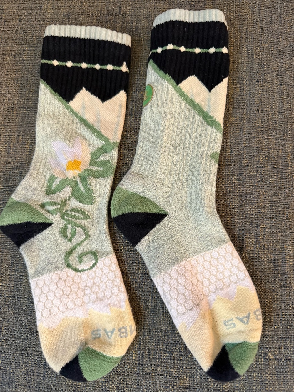Bombas Green, Black and Cream Floral Crew Socks
